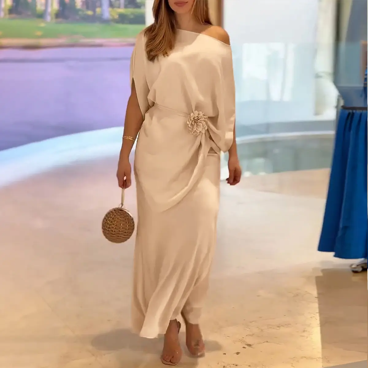 CHICME Women's 2 Pieces Outfit Skew Neck Batwing Sleeve Asymmetrical Hem Top and High Waist Zipper Side Mermaid Hem Maxi Skirt Set – Elegant Wedding & Wedding Guest Satin Evening Set with 3D Flower Decor Belt