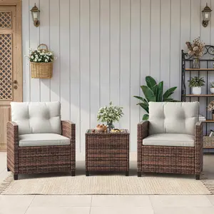 Outdoor Wicker Chairs,3 Pieces Patio Furniture Set,All Weather High Back Rattan Chairs w/Washable Cushion and Tempered Glass Tabletop for Deck Porch Balcony Backyard Garden