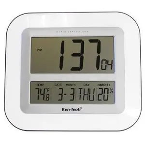 212 MAIN T-4680 Modern Atomic Digital Alarm Wall Clock - Auto-Set LCD Display, Temperature, Date, Humidity, Mountable, Clock Automatic, Battery Operated, Home Decor & Supplies with Radio & Fountain Accessory