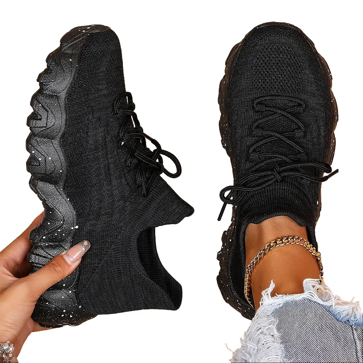 Women's Athletic Trainers, Casual Breathable Knit with Chunky Sole, Lace-up Fasten for All-Day Comfort, Athletic Everyday Sneaker, Fabric