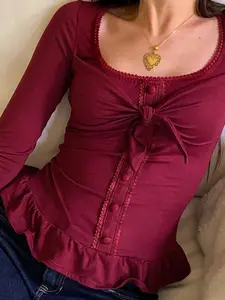 Elegant Flared Bell Sleeve Buttoned Slim Fit Women's T-Shirt, Bow Tie Ruffle Hem Street Style Top, Y2K Patchwork Long Sleeve Tee