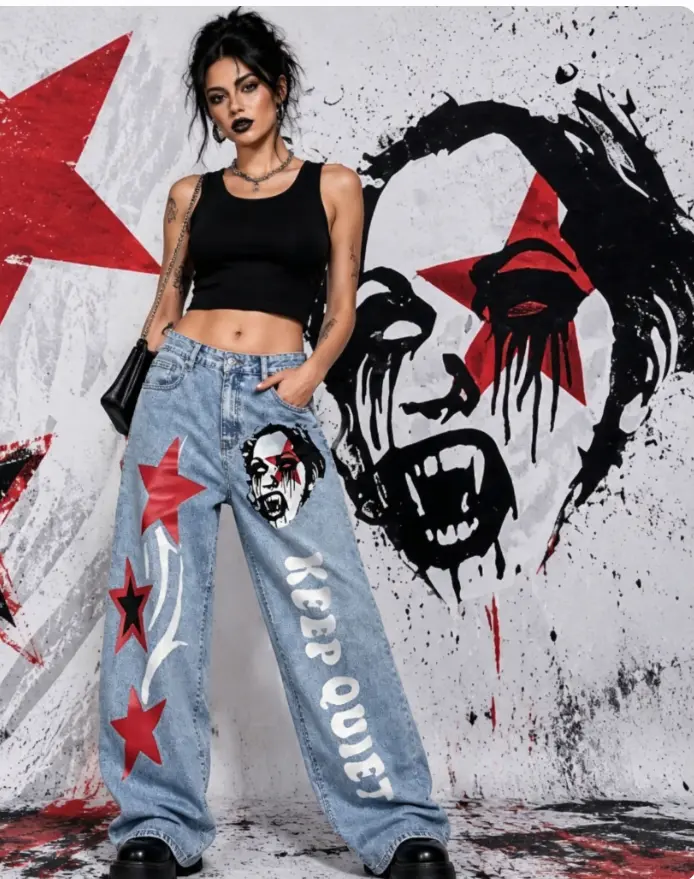 Vintage Punk High Rise Wide Leg Jeans for Women, Comfy Light Wash Streetwear Denim with Vampire & Star Graphic Print, Fits, Fabric
