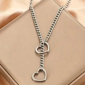 Unisex 15g Adjustable Stainless Steel Cuban Chain Necklace - Punk Hardcore Simple Heart Cut-Out Jewelry for Women, Gold-White Costume Accessory for Daily, Party Wear, Stainless Steel Necklaces