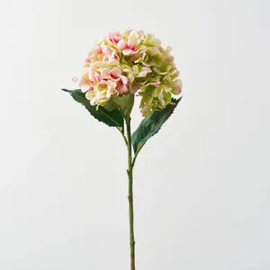 Green Pink Silk Faux Floral Hydrangea Stem Spray - 26"