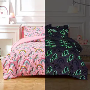 Glow in The Dark Kids Comforter Set, 3 Pieces Pink Unicorn Bedding Set Twin Size for Boys Girls Teen, 1 Comforter, 1 Pillowcase, 1 Pillow Sham