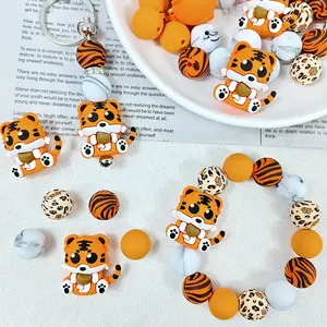 50pcs silicone beads 3D three-dimensional animal tiger theme, suitable for jewelry decoration beads, earrings, necklaces, bag chains, beaded pen and phone chains, makeup brush, keychain and other DIY kit making accessories, Christmas