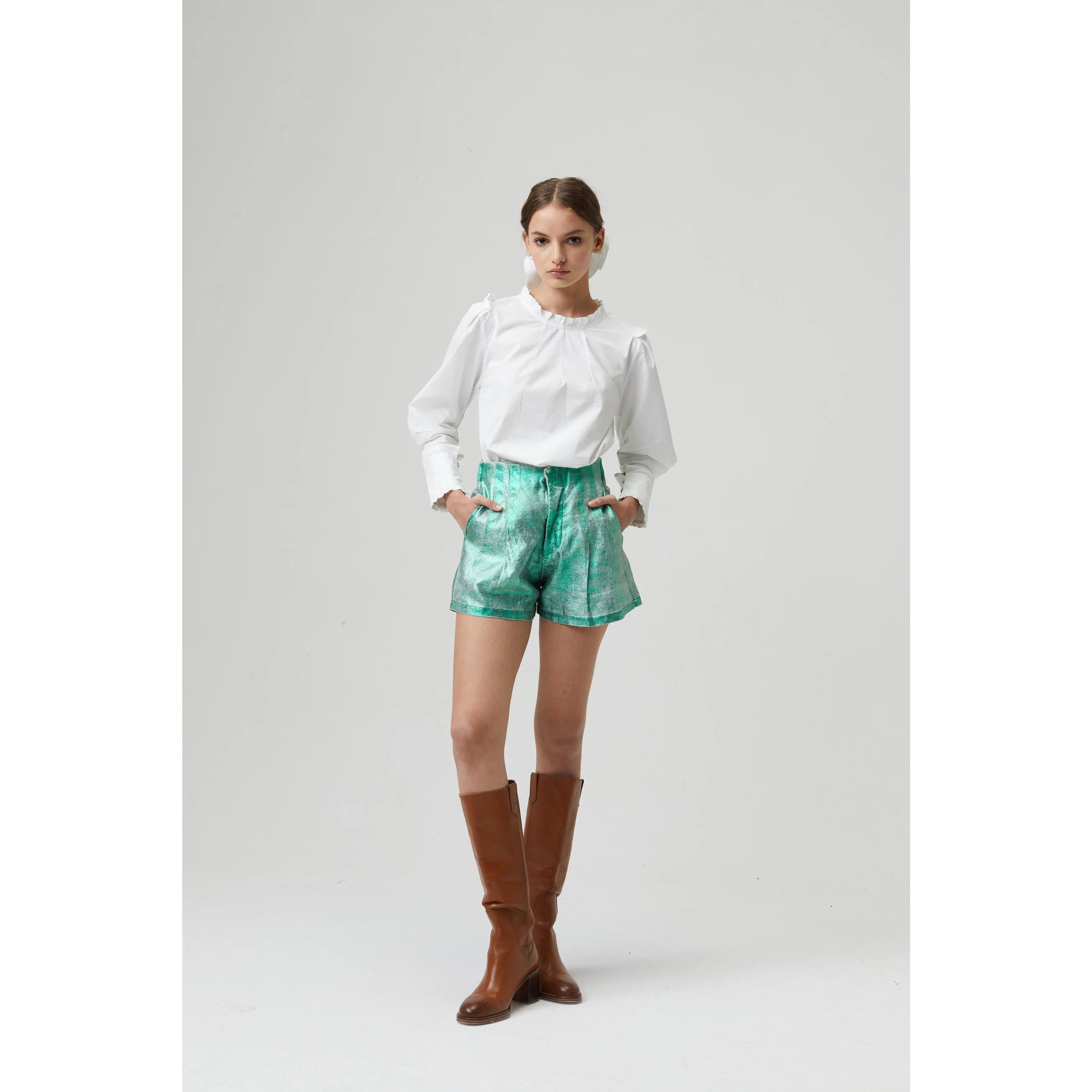 Frida Metallic Linen Shorts - Emerald Green