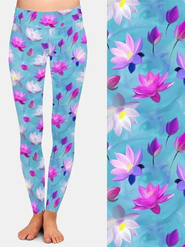 Blue Lotus Flower Printed Leggings, Buttery Soft Fabric, Recycled Material, Super Soft and Stretchy