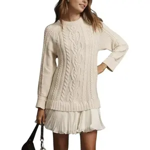 Women's Cable Knit Sweater Dress Crewneck Long Sleeve Pleated Mini Dress Twofer Style Patchwork Acrylic Casual Basic Black Minimalist Summer Winter Elegance Fits Overall Skirt Top