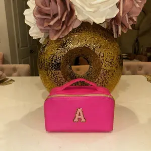Letter A Initial Cosmetic Bag - Pink with Gold Trim, Perfect for Travel and Organization