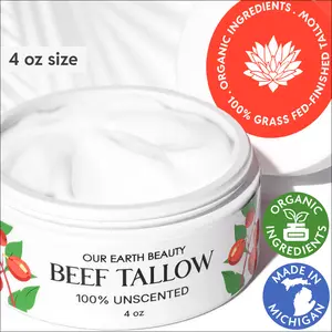 Organic Beef Tallow Moisturizer 4 oz Lotion - 100% Unscented, Non-Toxic Balm for Face & Body - Deep Hydration, Grass Fed & Finished