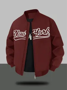 Men's New York Print Flying Jacket, Casual Baseball Style, Streetwear Fashion Outerwear, All Seasons, Long Sleeve, Fitted, Plain Pattern