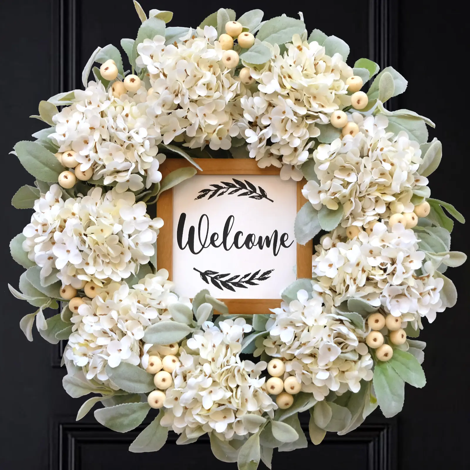 24 Inch All Season White Hydrangea Wreath for Front Door, Farmhouse Welcome Wreath with Cream Berries & Lamb's Ear Leaves, Indoor Outdoor Wall Window Wedding Everyday Home Decor, Fall Decor, Home Decor Items, Living Room Decor Ideas, Cool Room Decor, Wood