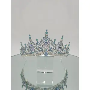 H1401 Rhinestone Quinceañera Tiara 3 Inch Lead-Free Alloy Metal with Colorful Stones for Stylish Elevations in Gold, Baby Blue, Fushia or Sage Color