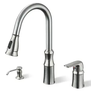 Kitchen Faucet with Soap Dispenser, Single Handle Stainless Steel Sink Faucet with Pull Down Sprayer 3 Holes Deck Mounted,Brushed Nickel,Black