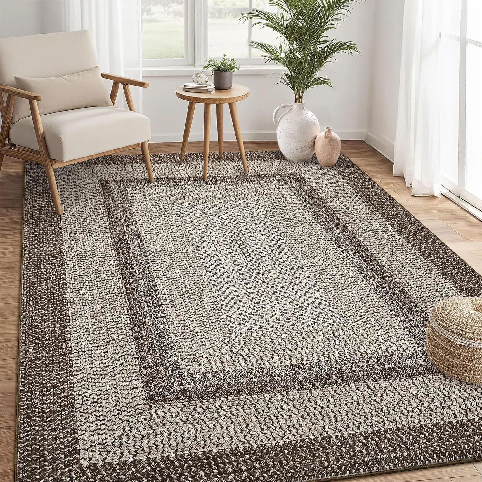 Garvee Washable Rug for Living Room 5x7 Non-Slip Non-Shedding Bordered Carpet, Low Pile Stain-Resistant Carpet, Washable Modern Braided Print Area Rug for Bedroom Dining Room Kitchen, Taupe
