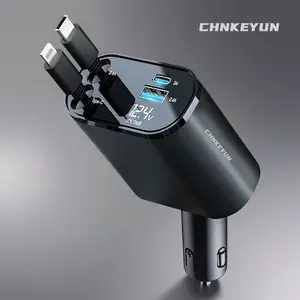 CHNKEYUN Retractable Car Charger,  2 USB Ports Car Charger, Retractable Cable and 4 in 1 Fast Car Phone Charger 120W with Cord 2.6ft,  Adapter for iPhone 15 14 13 12 Pro Max, Galaxy S23and Type-C fast car phone charger