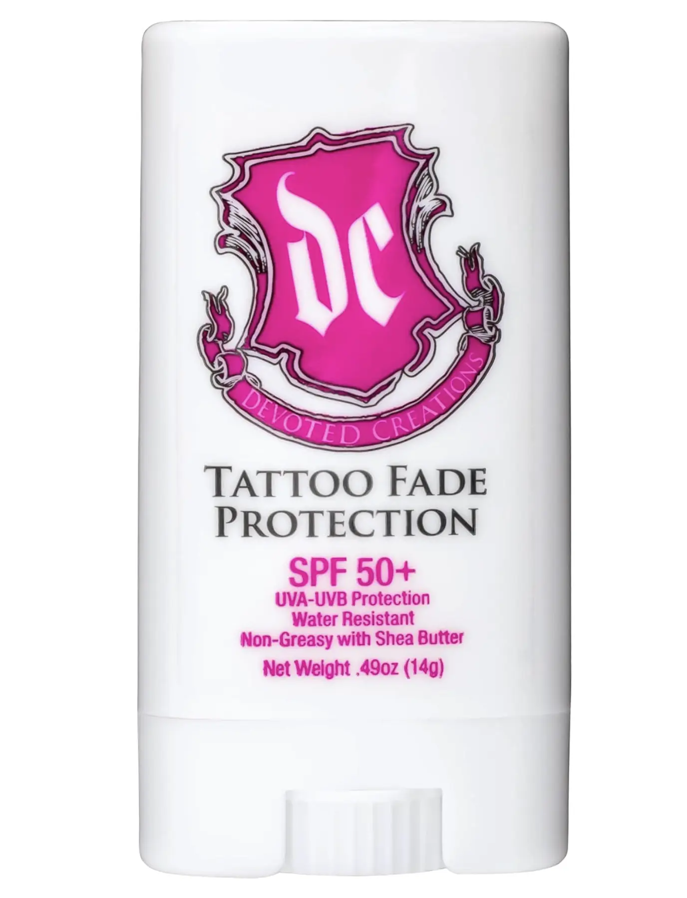 Devoted Creations Tattoo Fade Protection Stick with SPF 50+ UVA-UVB Protection, Water Resistant, Non-Greasy with Shea Butter .49oz (Pink/Blue)
