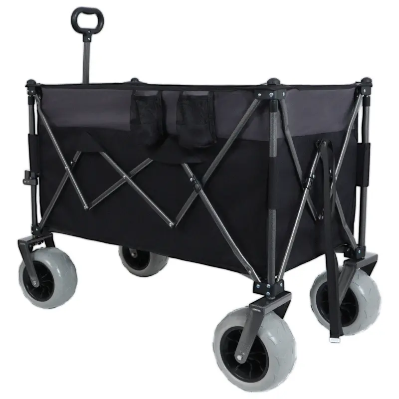9" x 4" All-Terrain Balloon Wheels! 300L XL Heavy-Duty Folding Wagon Cart - 480lbs Capacity, Conquers Sand & Rough Terrain, w/Brakes, Pockets, Cup Holders, Black/Gray