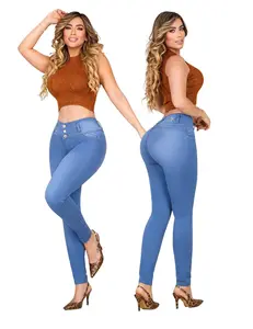 Women's Fitted Denim Bottoms - JEASN Colombian Marina Light Blue Skinny Jeans, 3-Button Design, Push-Up Effect, Waist Shaping, Abdominal Control, Peach Skin Fabric