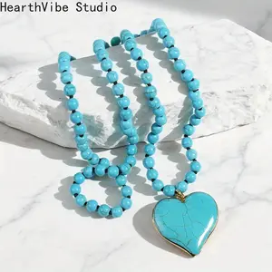 2026 Women's Turquoise Heart Pendant Necklace Ethnic Bohemian Style Sweater Chain