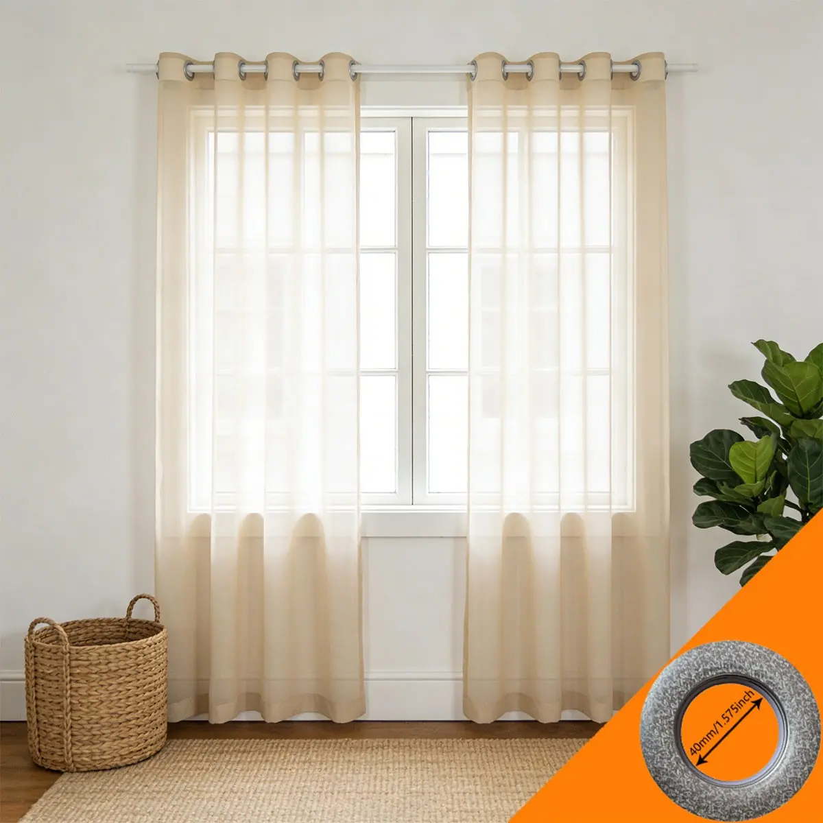 2pcs Creamy Sheer Voile Curtain, Home Decoration Curtain, Living Room Bedroom Style Perforated Floor-To-Ceiling Window Shade, Balcony Semi-Transparent Curtain