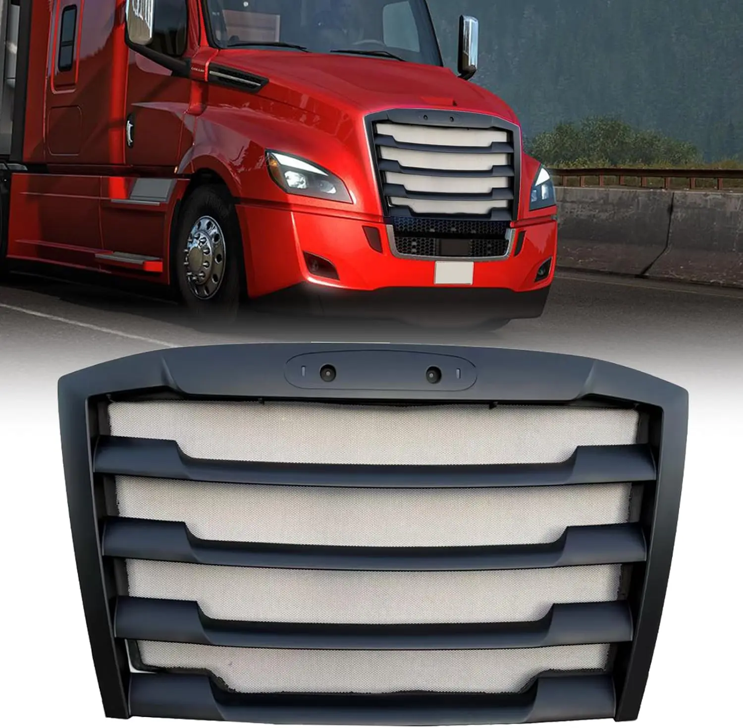 Radiator Front Grille with Bug Screen Guard for 2018-2024 Freightliner Cascadia Truck, OE Direct Bolt-On ABS Grill Replacement - Black / Chrome