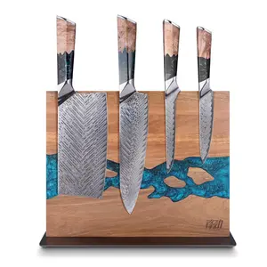 FINDKING Double Sided Holder, Magnetic Knife Block, Acacia Wood with Blue & Red Resin,Powerful Magnet Kitchen Storage, 12 x 10 Inches, Without Knives
