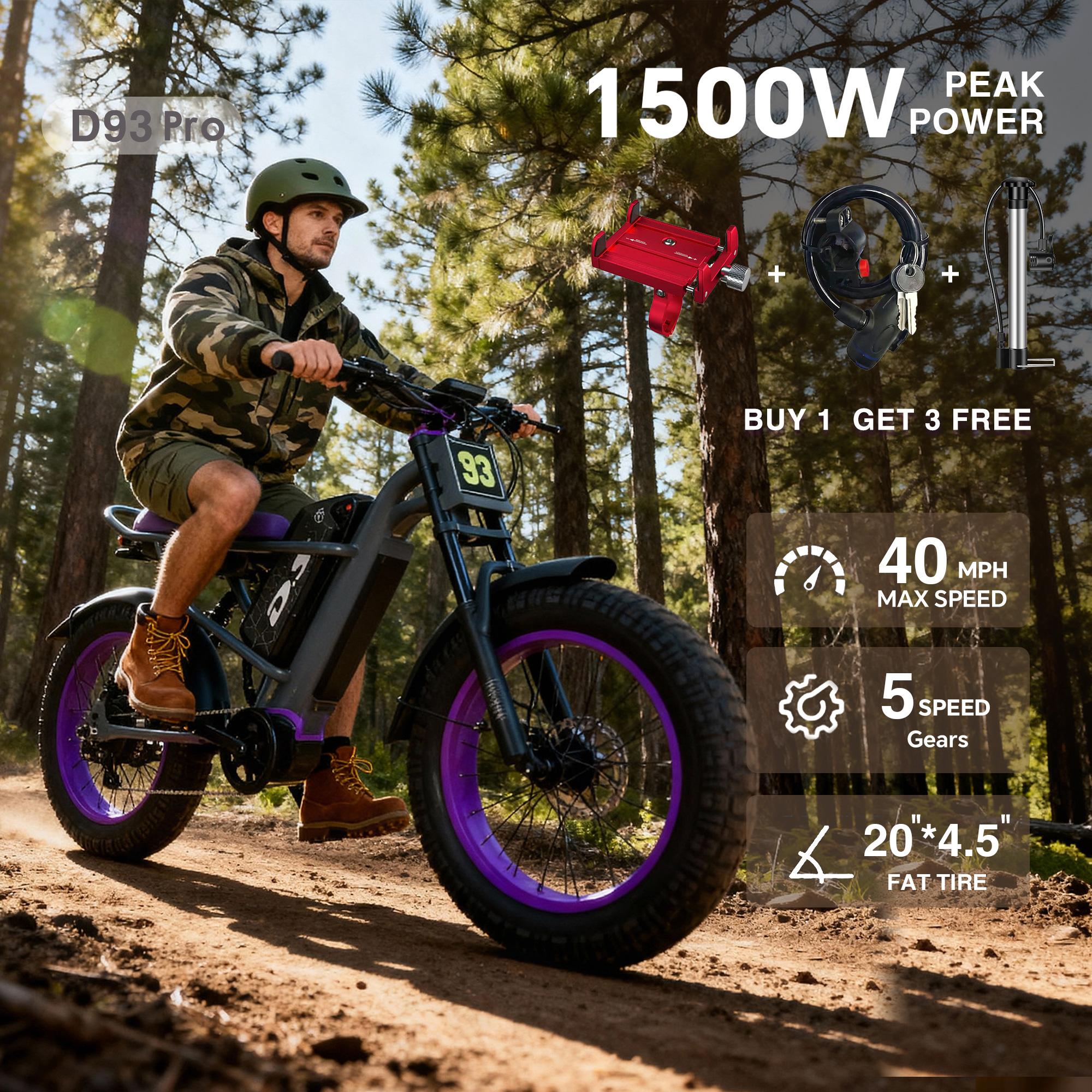 New electric bicycle for spring 2026 adopts a high carbon steel frame, hydraulic shock absorption, full suspension system, maximum speed of 40 MPH, 48 volt 1500W motor, riding assistance range of 40-70 miles, 20 * 4.5-inch all terrain tires, snow tires