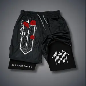 Sleep Token Unisex Compression Training Shorts Slim Fit Summer Outfit Graphic Double-Layer Sports Shorts Elastic Waistband Quick-Drying Breathable