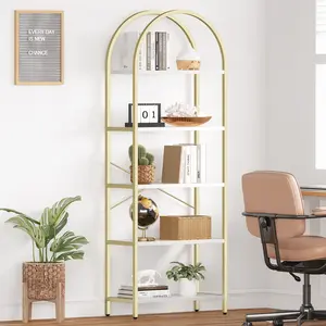 71" Tall Arched Bookshelf, 4-Tier Modern Industrial Open Bookcase with Curved Metal Frame, Freestanding Display & Storage Shelf for Living Room, Bedroom & Home Office