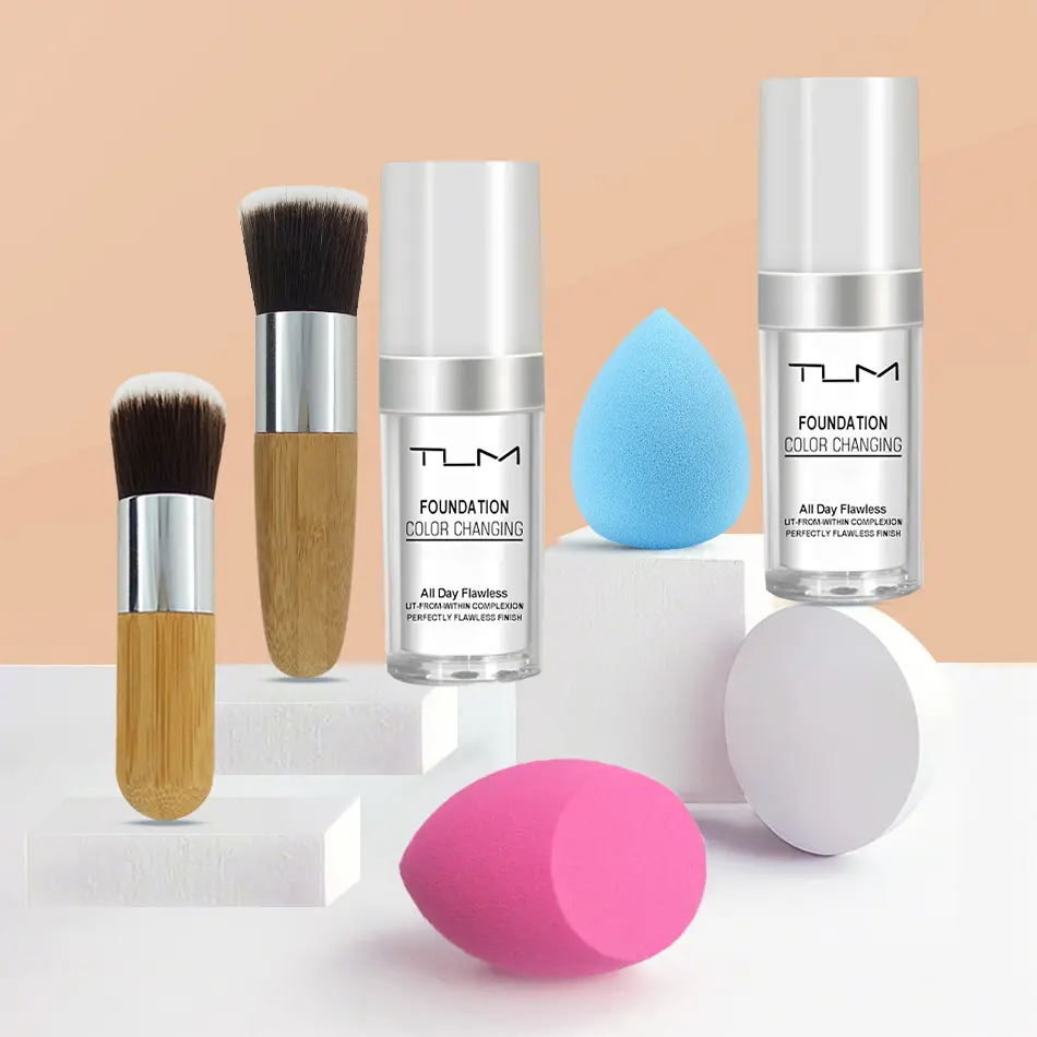 TLM Colored Liquid Concealer & Foundation Set - Waterproof, Brightening, Flawless, Blendable, Correction, 30ml, with 2 Makeup Brushes & 2 Beauty Eggs for Women & Men, Blendable Concealer & Foundation, Correction Concealer & Foundation