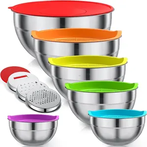 Stainless Steel Mixing Bowls Set with Colorful Lids,6 Piece with 3 Graters,Stackable for Baking Supplies Mixing Bowl,Serving Stackable 4.5QT to 0.7QT