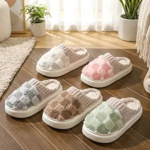 Cotton Slippers for Women Plaid Cuff Design Warm Fuzzy Fleece Non-Slip Soles Cute Walking Shoes Indoor Outdoor Use - Slide