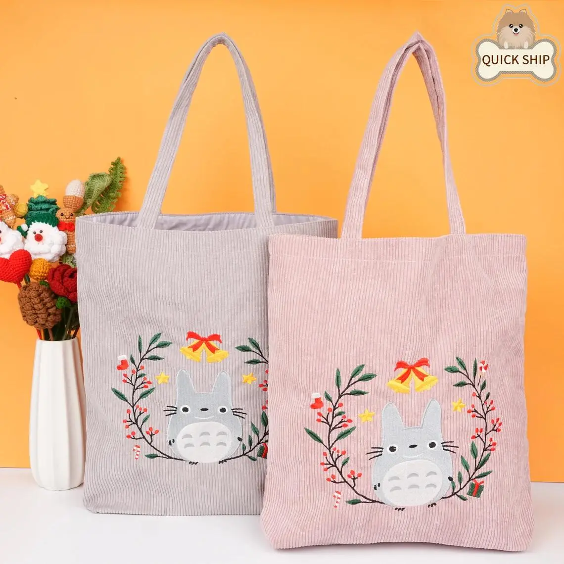 Handmade Corduroy Embroidery Totes,Cute Reusable Shoulder Bag,Hayao Miyazaki Animation Enthusiast,Christmas Gifts