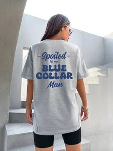 Women's Letter Print Round Neck Crewneck Graphic Tee, Vintage Trendy Casual Beach Drop Shoulder Half Sleeve T-shirt, Womenswear Top for Daily Wear, Ladies All Seasons Outfit