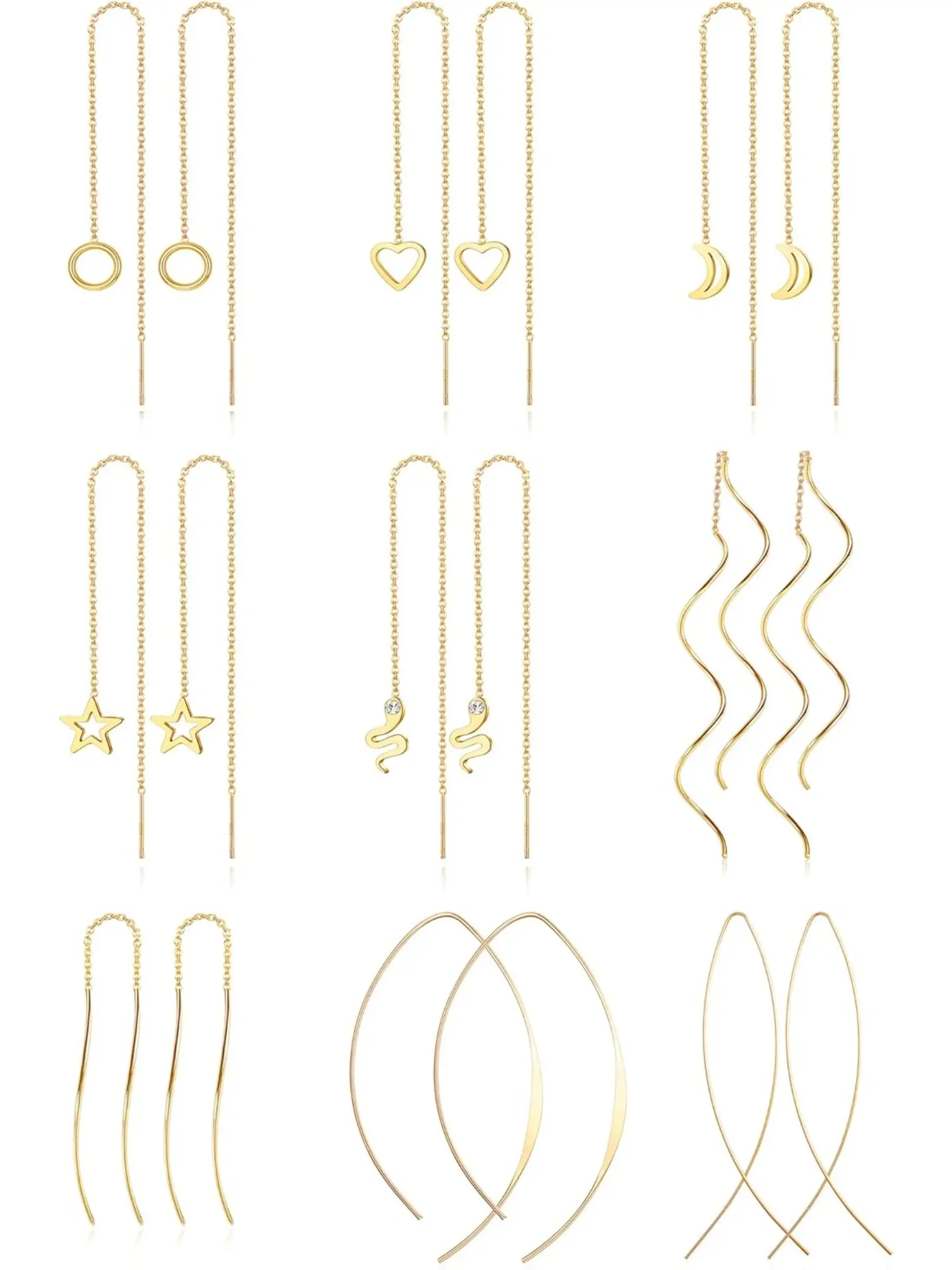 9 Pairs Threader Earrings for Women Pull Through Earrings Long Tassel Chain Earrings Weird Heart Dangle Drop Chain Earrings Set Heart Shape Earrings Trendy Jewellery Accessories Trendy Fashionable Accessories