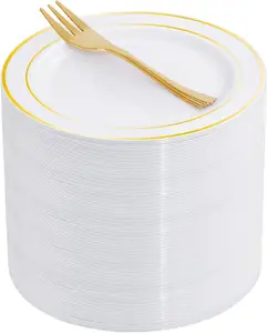 WELLIFE 60 PCS Gold Plastic Dessert Plates and 60 PCS Forks, 6.3 inch Disposable Salad Plates, Premium White Appetizer Plates with Gold Rims, Perfect for Party and Wedding