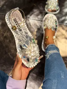 Women's Pearl Rhinestone Flower Flat Sandals, Summer Fashion Open Toe Shoes, Plain Design PU Material Rubber Sole