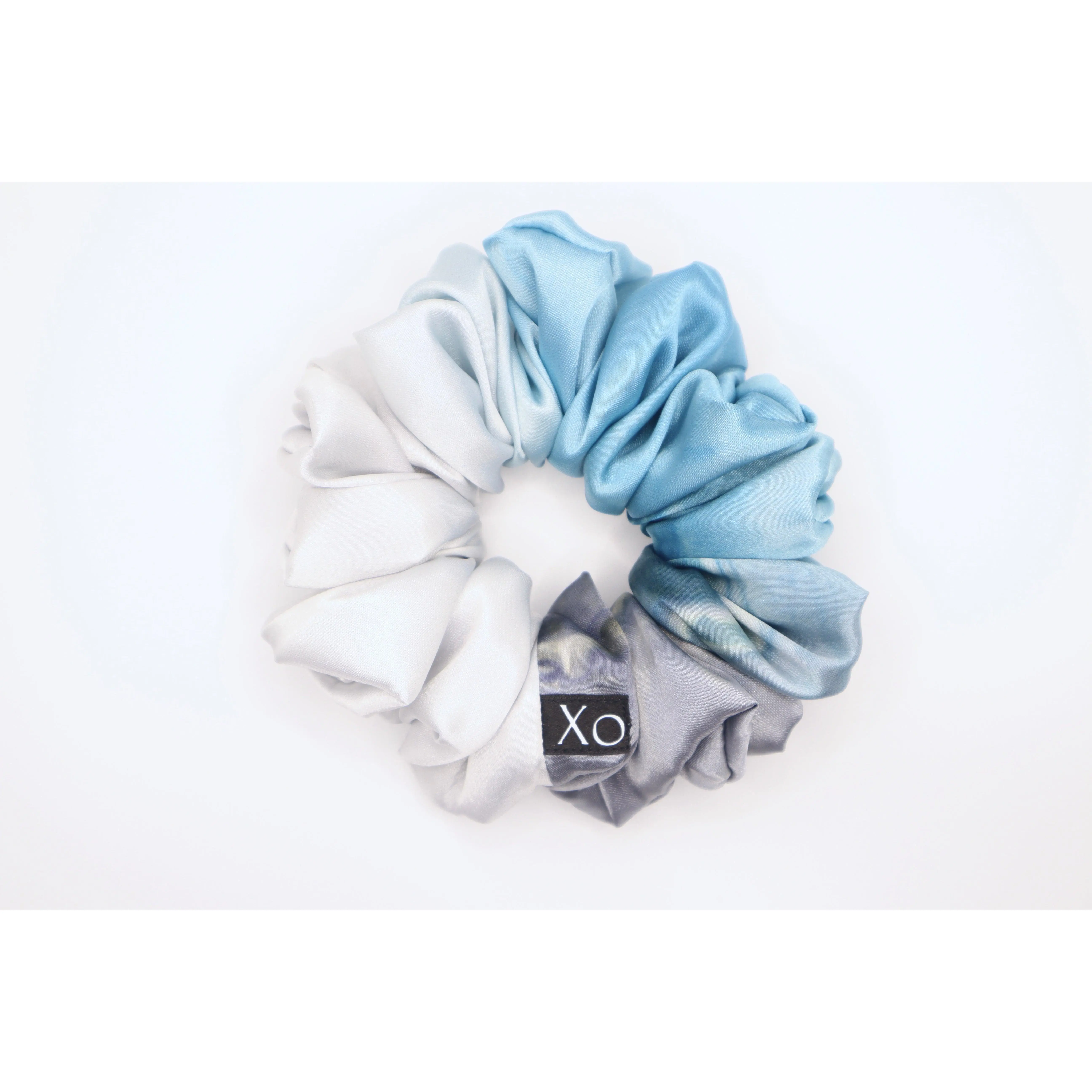 Xo Scrunchies Storm Large 3-Color Satin Scrunchie Blue Gray Silver Tie Dye Smooth Fabric 5" Diameter Perfect Hair Accessory