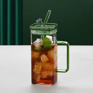 Eco-Friendly Green Glass Straw Cup - 6 Colorful Square High Borosilicate Drinkware Set with Lid, Ideal for Juices, Coffees, Teas & More