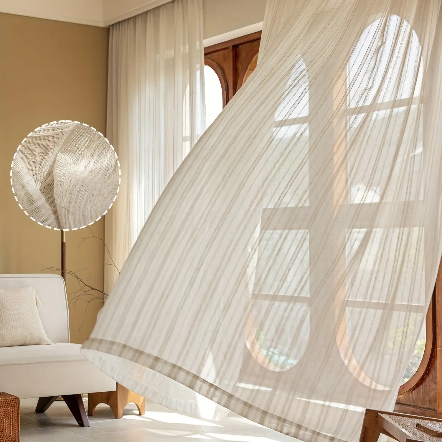 Japanese Simple Linen Striped Transparent Window Curtain, Living Room and Bedroom Half-Transparent Drapes, Vertical Stripe, Rod Pocket Design