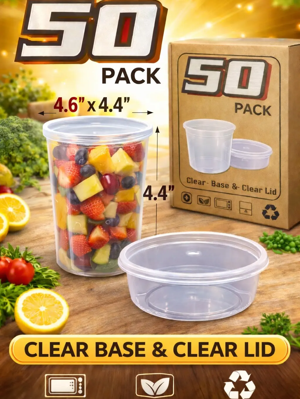 24oz Clear Plastic Deli Containers with Lids, 50 Pack Round Food Storage Cups for Soup, Salad, Meal Prep and Takeout, Leak Resistant Disposable Containers, 4.6 x 4.4 Inch