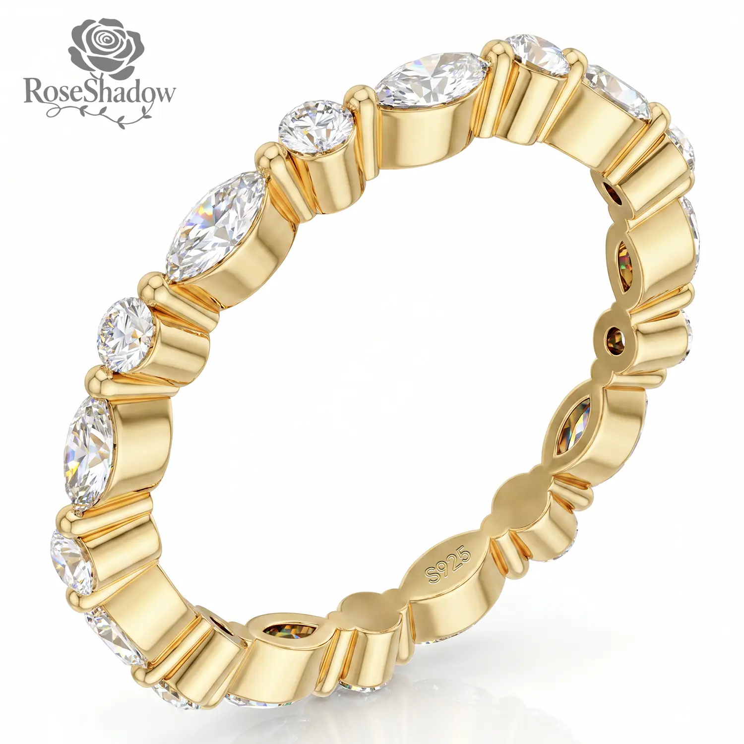 ROSESHADOW Marquise Moissanite Ring for Women 1.5mm & 2.0mm Slim Band 14K Gold Plated 925 Sterling Silver Daily Wear Stackable Ring Perfect Gift