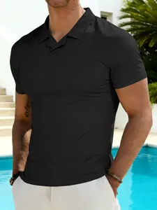 Men's Basic Buttonless Polo Shirt, Collared Design, Plain Simple Style, American Casual Fashion, Spring Summer