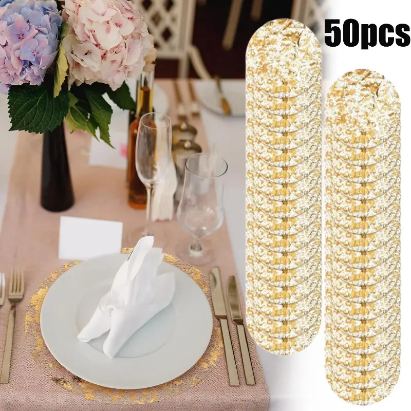 50pcs Metallic Gold Disposable Tableware Set - 13in Table Coverage Gold Foil Sequin Net Pressed Round Placemats, Doilies, Utensils, Polyester Party Supplies for Kitchen Anniversary Quick Event Setup