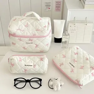 Makeup Bag Set 3pcs Floral & Bow Pattern Cosmetic Bag Set, Fashion Style Polyester Travel Toiletry Pouches with Zipper Closure, Lightweight Foldable Plant Pattern Makeup Cases with Zip Pocket, Hand Washable, Polyester Lined