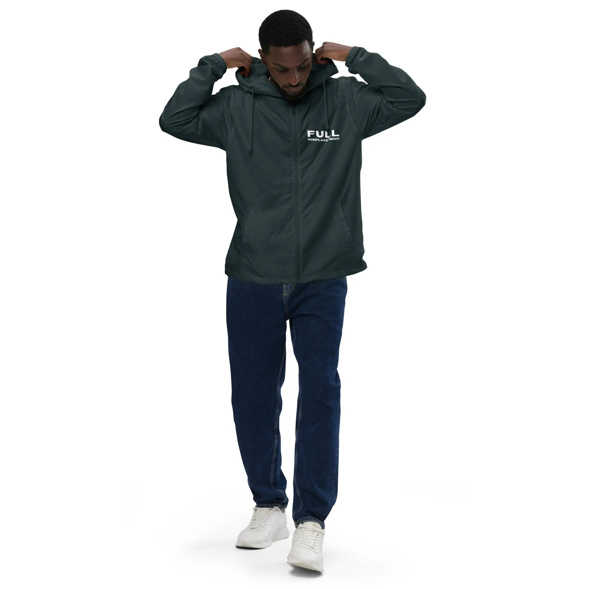 "Full Displacement" Mens Lightweight Zip Up Windbreaker in Black, Navy and Aqua with White Logo