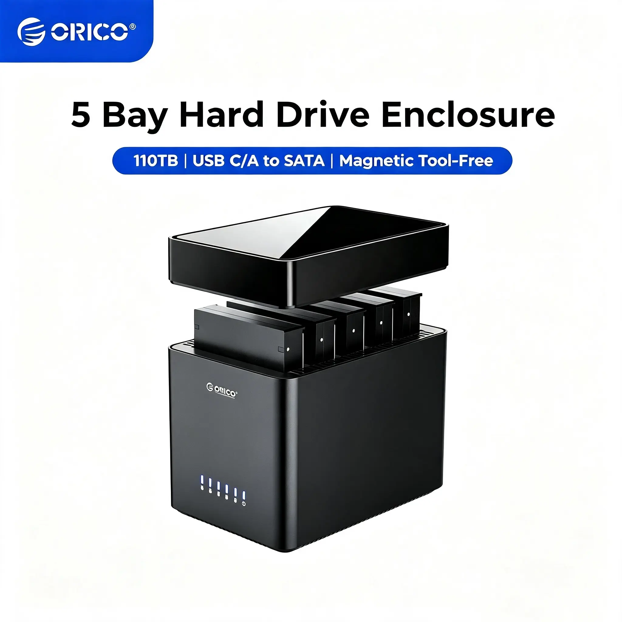 ORICO 5 Bay Hard Drive Enclosure USB C/A to SATA Magnetic Tool-Free External HDD Docking Station Case with 12V/6.5A Power Adapter for Family Storage Supports 2.5/3.5 inch Drives Max 110TB (5x22TB) - DS500, Linux, Usb 3.0