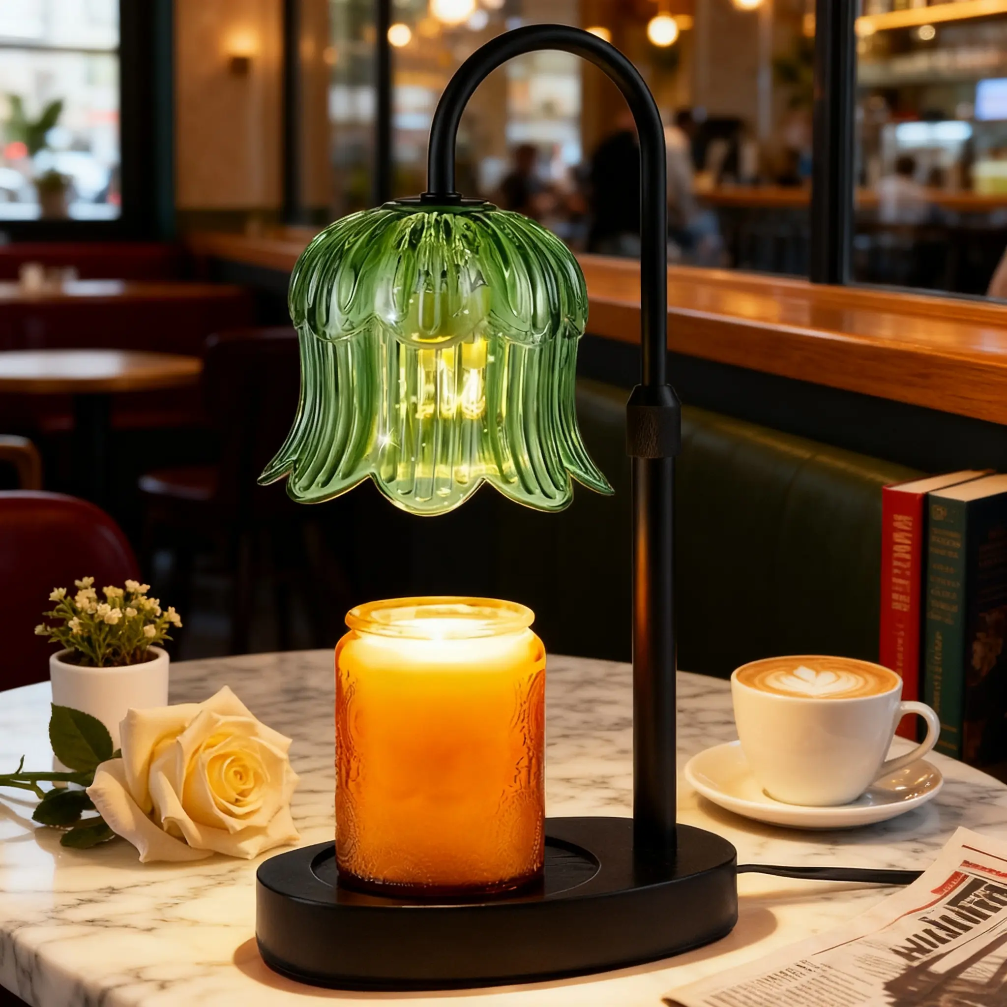 Floral Candle Warmer Lamp with Auto Timer Wax Melter Warmer Decor Flower Decoration Green Adjustable Height 4-Level Brightness 8-Hour Sleep Timer Light Fragrance Jar